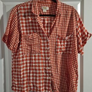 Anthropologie Maeve Red/White Houndstooth Preppy Button Down Shirt-Large
